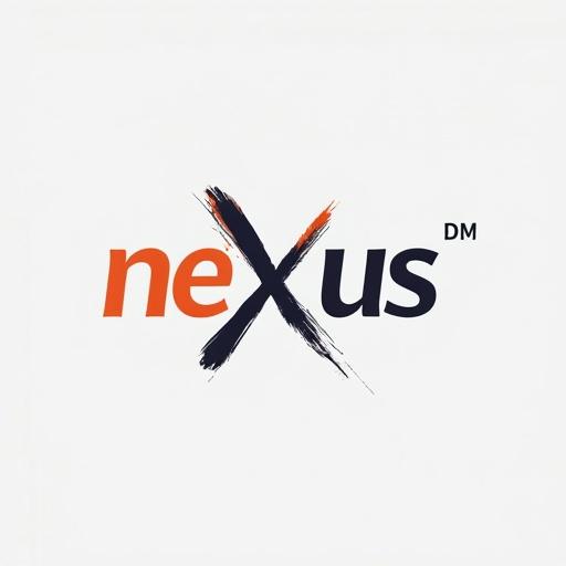 Logo design featuring the word nexus with a bold splashed letter X colored in black and orange against a simple white background.