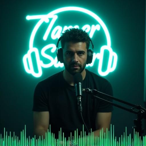 Podcast host in a moody studio. Teal-blue neon lights in background. Neon sign reads Tamer Samer. Host has short curly hair and a trimmed beard. Wearing a dark shirt. Serious expression towards camera. Professional microphone in front of him. Dark and cinematic atmosphere. Green audio waveforms at bottom.