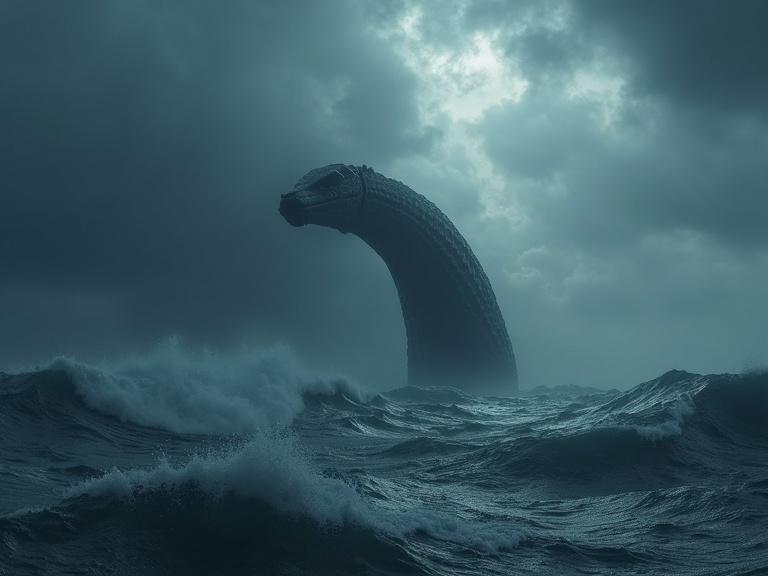 A dark cinematic scene featuring a large eel-like sea monster rising out of the ocean during a storm. The monster stands 200 feet tall against a backdrop of dark storm clouds. The ocean is turbulent with massive waves and foam. Mist falls from the creature and rain is present, creating a moody atmosphere.