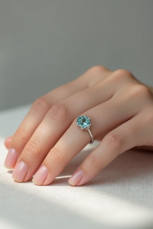 Photorealistic image of minimalist ring with oval aquamarine on model's hand. Subtle background and soft lighting enhance ring features.