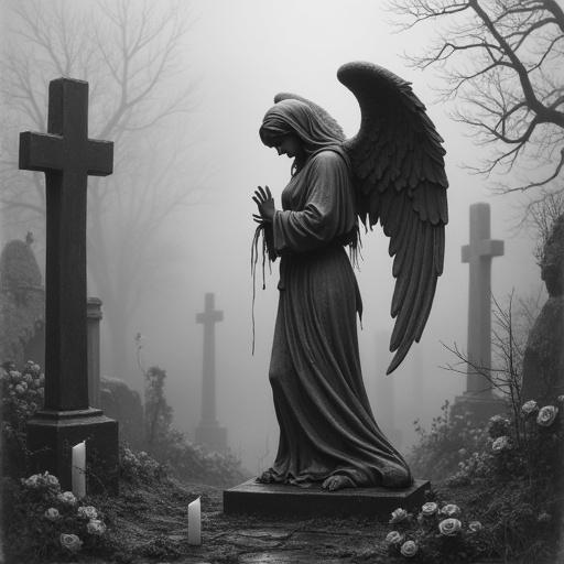 Crumbling statue of a weeping angel in foggy graveyard. Surrounded by withered roses and broken candles. Mournful atmosphere. Gothic charcoal illustration with soft light. Rain-soaked textures add depth to the scene.
