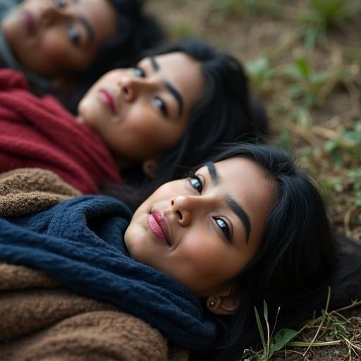 Three individuals laying on the ground. They are of Scottish-Pakistani descent. They have dark brown eyes, black hair, and thick eyebrows. The foreground subject gazes directly at the camera, while the others are slightly blurred. The scene captures a serene moment in a natural setting, focusing on their facial features.