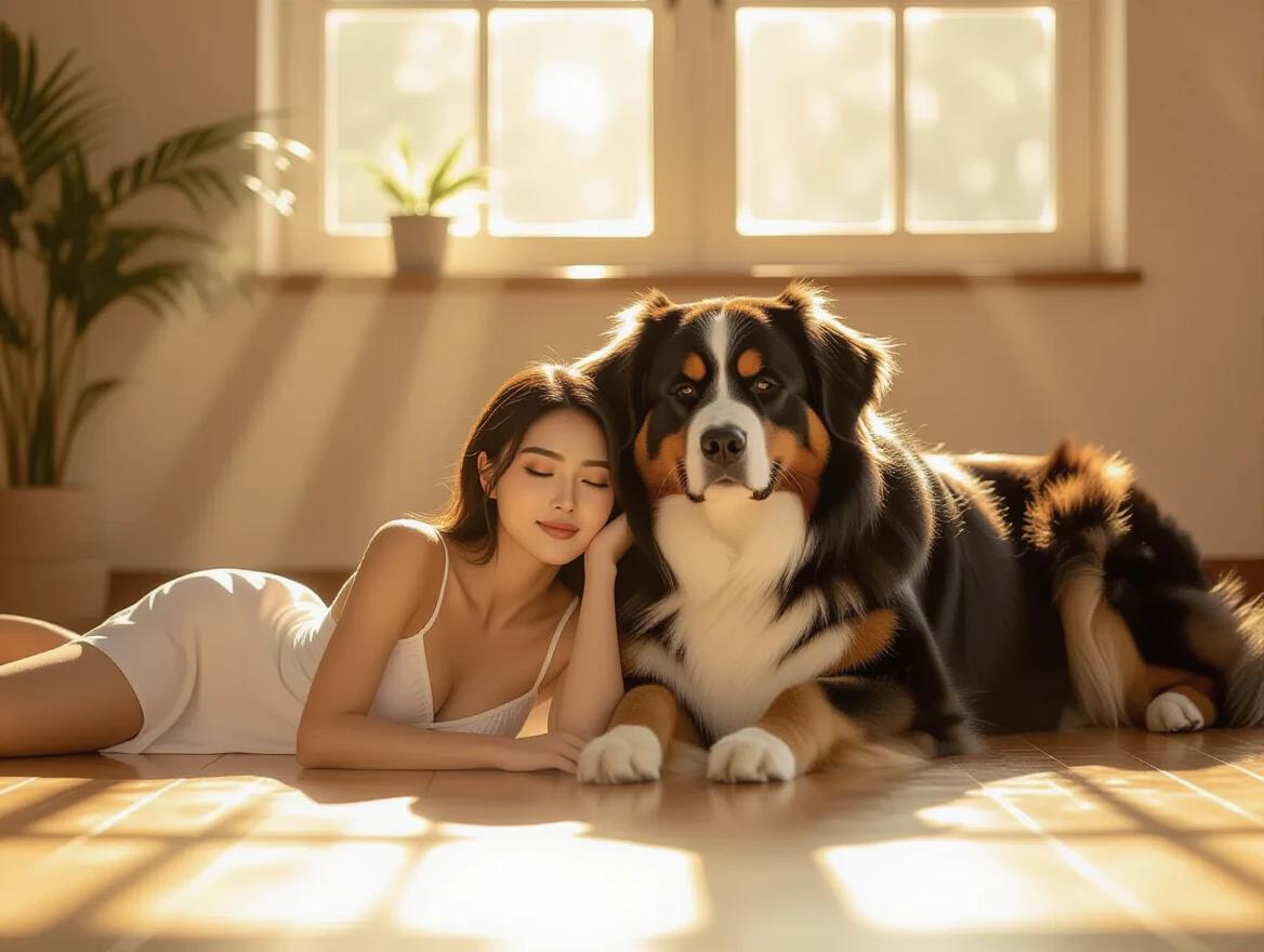 Cinematic shot featuring a model and a Bernese Mountain Dog in a sunlit studio. The model wears a white slip and lies on her stomach. The dog rests on her back protectively. Sunlight streams through a large window creating light patterns on the floor. Dust particles float in the air. Soft bokeh background enhances focus on the model and the dog.