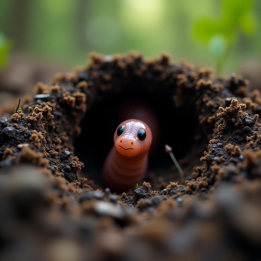 Ultra realistic image showing a close up shot of a worm in a hole in the ground. The worm has a friendly appearance with bright eyes. Focus on the worm and the earthy surroundings.