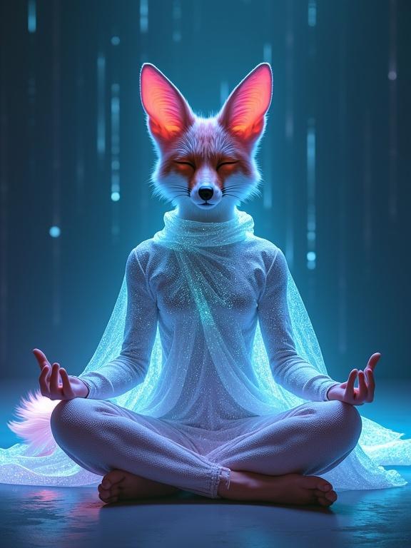 Bioluminescent spirit fox with a data-woven cloak meditates in a holographic temple. Soft glowing markings and fluid cloak. Fox deity with radiant tail. Minimal setting with an aurora palette. Hybrid essence meets mythic tech fusion.