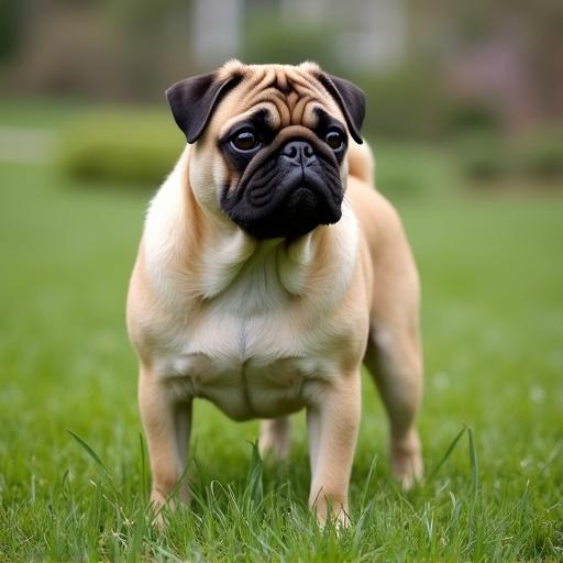 A pug stands proudly in an expansive green grass field. The dog's fur is a warm tan color with distinct black markings around the face. The pug gazes attentively toward the viewer, displaying a playful yet curious demeanor.