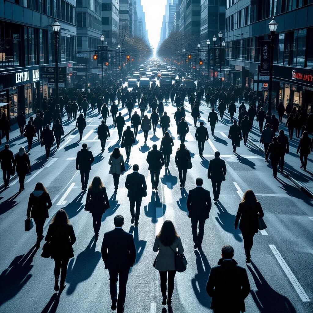Aerial perspective shows a large crowd walking through a city street. People are wearing business clothes with heads down and expressionless faces. The atmosphere has grey tones and a moody tone. Scene has a fast pace and conveys a feeling of robotic repetition with shallow depth of field.