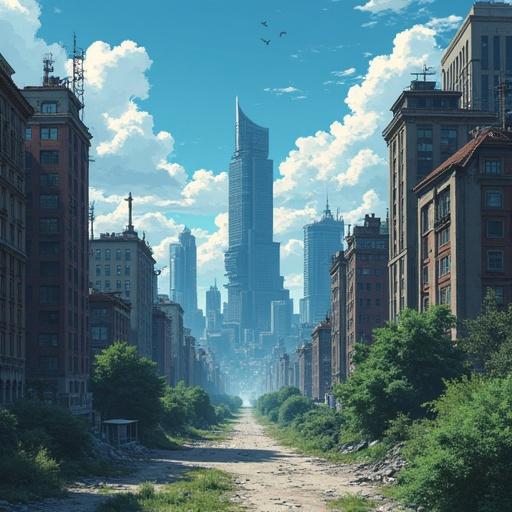 A detailed scene of a futuristic city in a post-apocalyptic setting. The image shows a wide street leading towards a tall skyscraper. The city buildings are old and partially overgrown with vegetation. There are soft clouds in a bright sky.