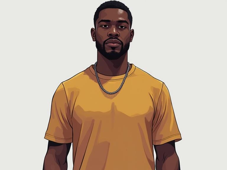 A digital illustration of a black male character. He is facing directly forward and looking at the camera. He wears a solid color yellow t-shirt. The image features no background and presents a front view with bright lighting and no shadows. The style mimics Grand Theft Auto aesthetics with a cartoonish portrayal.