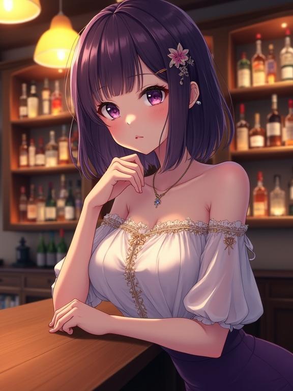 The image shows a female character with dark violet hair in a bar. She wears a white off-shoulder blouse with gold details. She has expressive light violet eyes and a gentle expression. The background includes shelves with alcoholic beverages and warm lighting.
