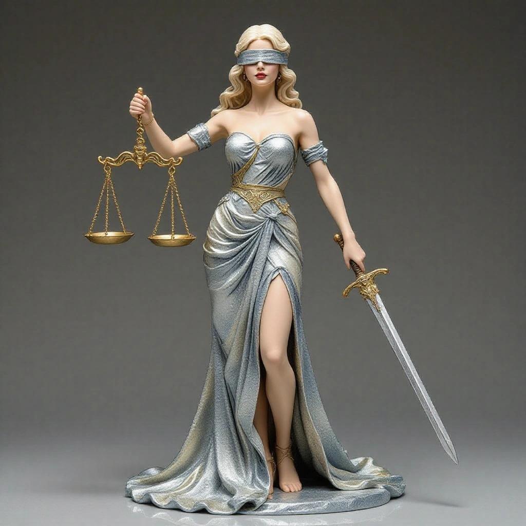 Resin figure of a beautiful woman inspired by the Libra sign. She stands serenely holding a scale and a ceremonial sword. Dressed in a long, silver dress that flows elegantly with a slit. Her hair is long and blonde, styled gracefully. She wears a light tiara with geometric shapes and a blindfold, expressing power and beauty.