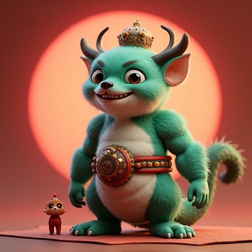 A 3D representation of a blue and white mythological creature with a crown and detailed belt. The creature has big ears and a friendly expression. A smaller character stands next to it. A soft orange background enhances its appearance.