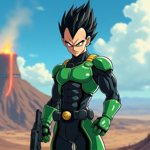 Character is 19 years old with spiky black hair. Has cyber green eyes and a robotic look. Dressed in an emerald green and black professional bodysuit. Displaying 6 pack abs and muscular arms. Holding a gun. Positioned at a luxurious volcano paramilitary base of the Black Hole Society. Background includes a volcano. It is summer morning.
