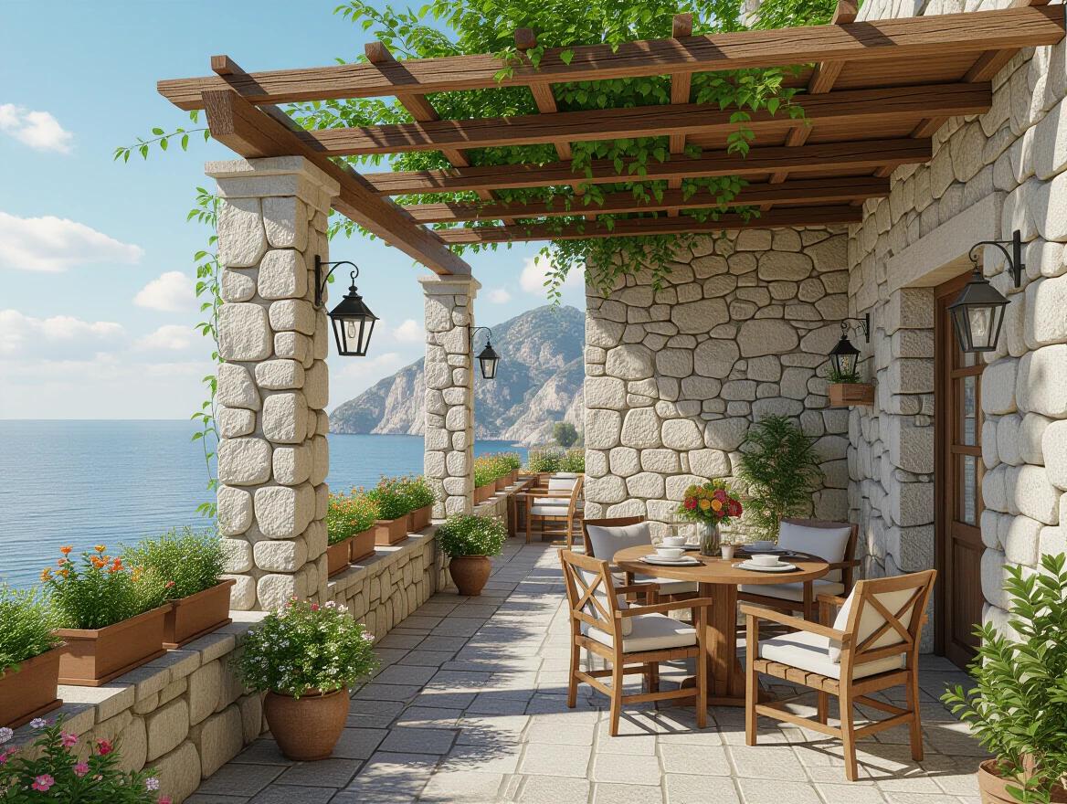 CGI rendering of a Mediterranean coastal scene with a stone terrace. Features a wooden pergola and a dining area. Includes potted plants and a lantern. Shows a turquoise sea and rocky shore in the background with mountains. Captures a tranquil atmosphere.