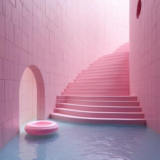 Interior view of a pastel pink tower with a staircase leading to the night sky. Pink cement steps. Smooth pastel pink float on clear water. Liminal and dreamcore atmosphere.