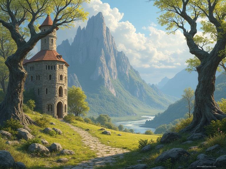 Landscape depicting a fantasy world in springtime. Stone tower nestled near mountains. Pathway leading through lush grass with trees surrounding the scene. Serene river flows in the background under a clear sky.