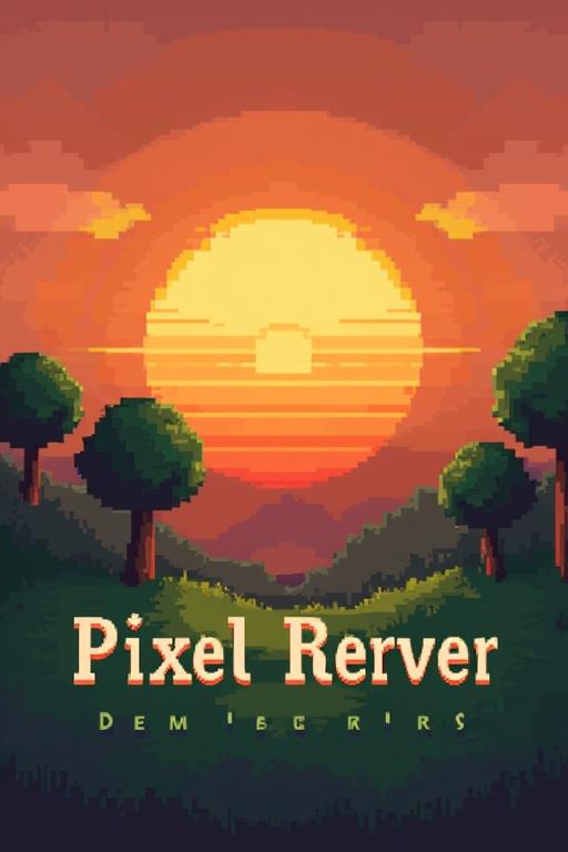 Logo for Minecraft server named PixelRealms. Features an orange sunset with pixel trees and grass. Center has a bread pixel icon. Text reads Team server og lagring. Modern icon style.