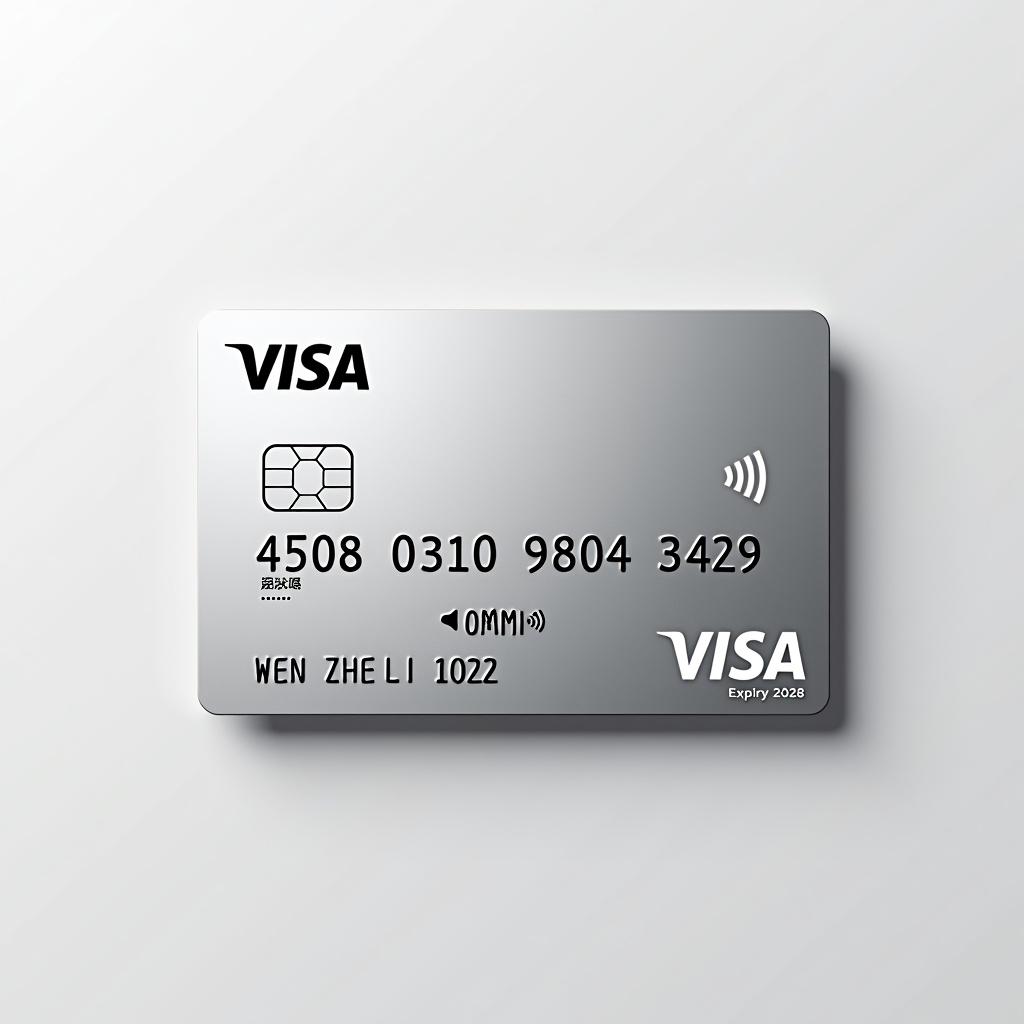 Realistic image of a credit card showcasing distinct details. Visa logo is prominent. Number 4508 0310 9804 3429 is visible. Cardholder name Wen Zhen Li is aligned. Expiry date is March 2028. Silver background with bold black font speaks of a modern credit card.