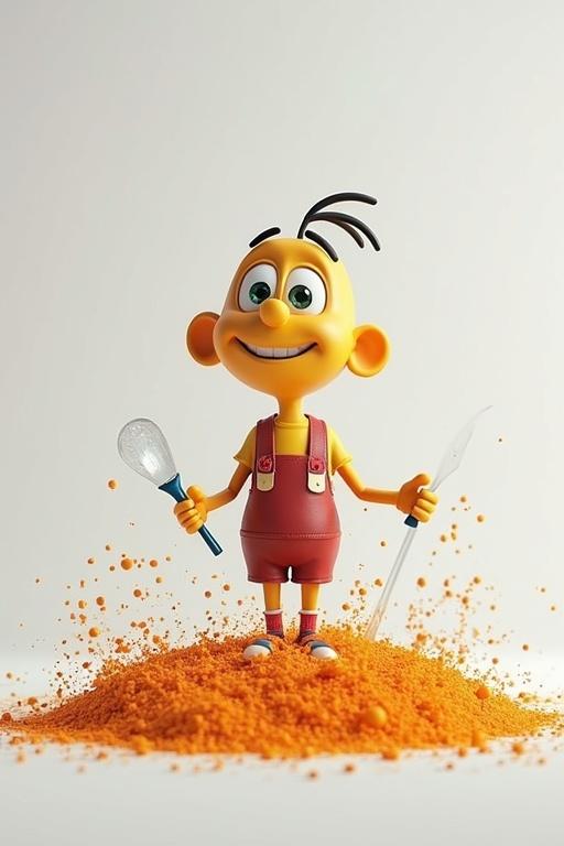 3D animated dinosaur character is creating a mound of dirt in a grassy field. The character has a big smile and is wearing a green shirt. The background is bright and cheerful.