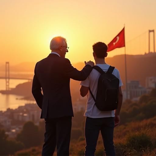 Ultra-realistic photo capturing an older man in a dark suit placing a hand on a young man's shoulder at sunset overlooking a Turkish city. The scene conveys emotions of guidance, connection, and wisdom with warm golden skies and a waving Turkish flag.