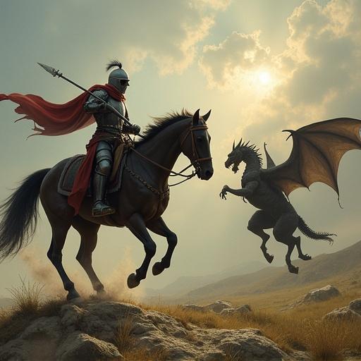 Knight on a horse with a spear. Knight holds sphere in hand. Knight aims to throw sphere at a dragon on the ground. Dragon appears fierce and is grounded. Sunlight breaks through clouds in the background. Scene captures dramatic tension. Knight wears armor and has a flowing cape. Horse looks powerful and alert.