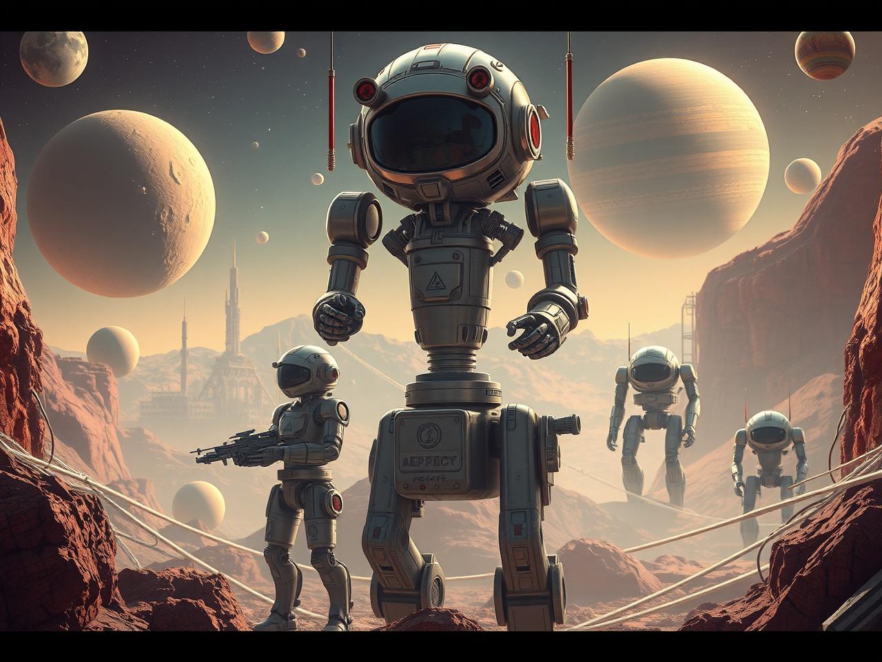 A futuristic scene featuring advanced humanoid robots on a Mars-like planet with multiple moons in the sky, rocky terrain, and a distant cityscape.