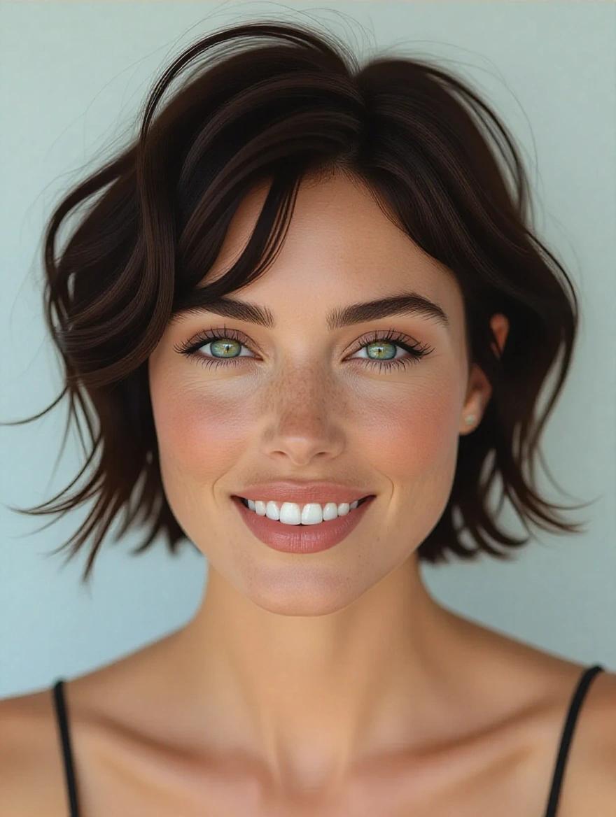Close-up portrait of a beautiful woman with short black hair smiling shyly. Her turquoise eyes are prominent. She tilts her head playfully with a soft expression. Soft, natural lighting enhances her features.
