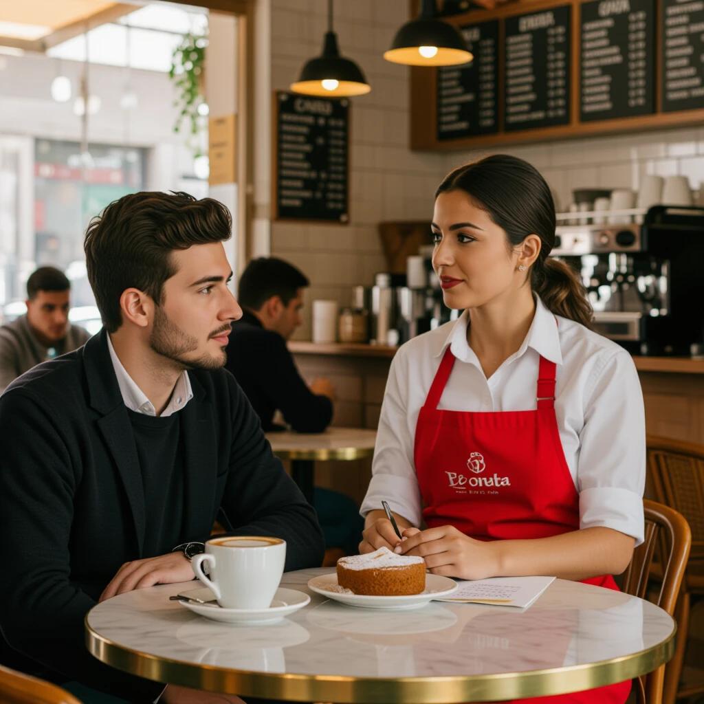 A man sits at a café table in Madrid. He has a coffee cup in front of him and a plate with a cake. He looks up at a waitress. She is asking if he wants anything else or if she can bring the bill. She wears a red uniform dress and apron. She stands while taking notes with a pen. Both appear serious and focused on their roles.