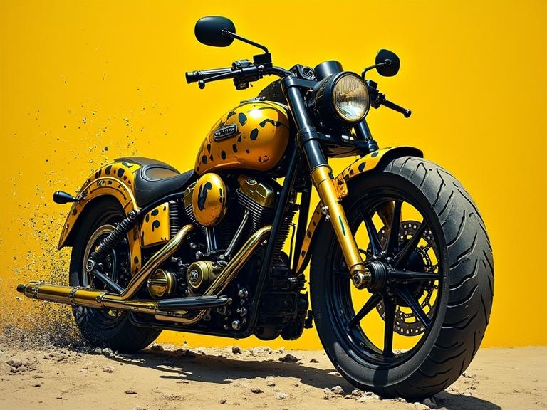 Surreal motorcycle art featuring yellow and black wasp patterns. The bike is called The Wasp. Artistic style combines surrealism and biomechanical elements. High resolution image.