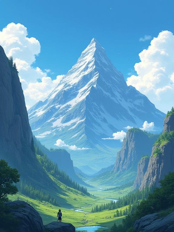 Wallpaper style image for mobile devices featuring a snowy mountain landscape in the Studio Ghibli style. No vegetation no people no animals.