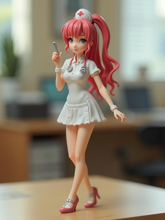Anime nurse figurine stands on a desk. The nurse has red hair and wears a nurse's outfit. She poses flirtatiously with high heels. The image shows soft focus with compression artifacts. Bright colors typical of early filters are visible.