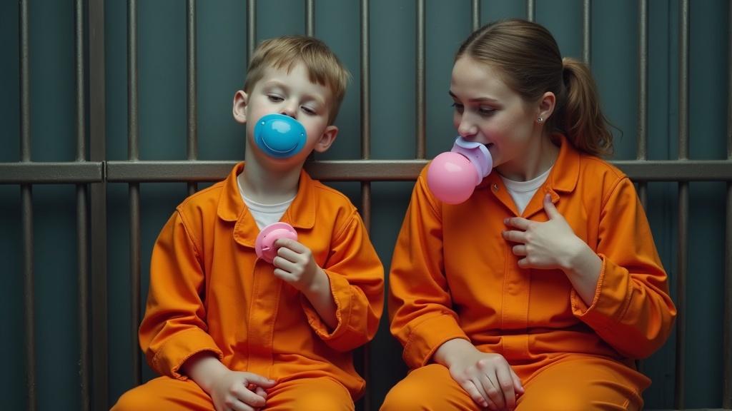 Mother and son sitting in a jail cell wearing orange jumpsuits and oversized pacifiers. Both appear happy. The mother explains prison behavior rules.