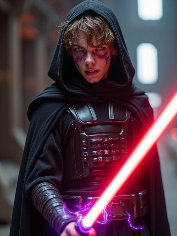 Young male character with pale skin, visible purple veins, and vibrant yellow eyes. Wears a black robe and high-tech armor. Holds a red lightsaber with a black core. Violet lightning between fingers. Sinister expression in a military setting.