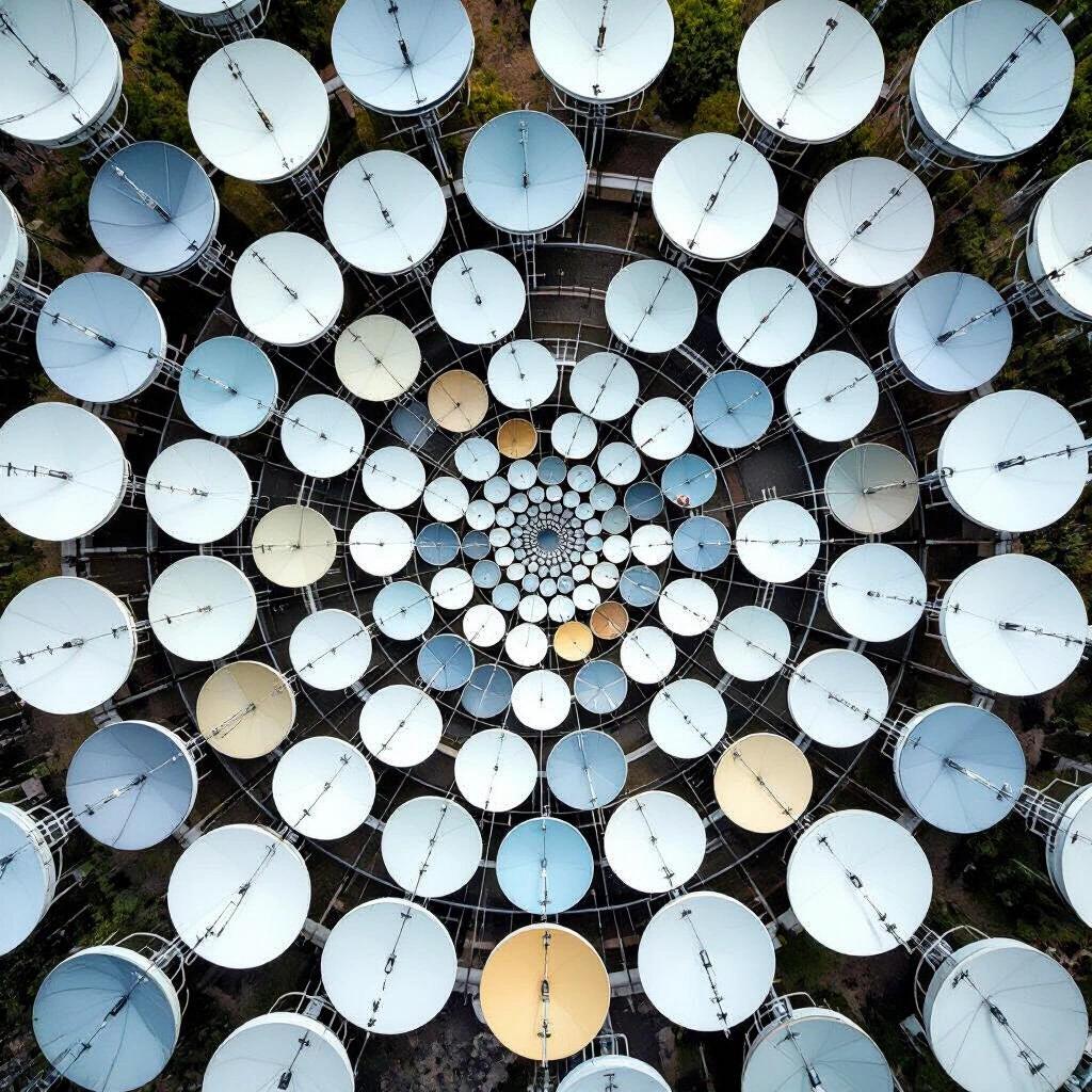 Cluster of satellite dishes arranged in a spiral alignment. Viewed from above. Pattern resembles intricate art. Multiple colors in circular formation. Each dish contributes to modern telecommunications.