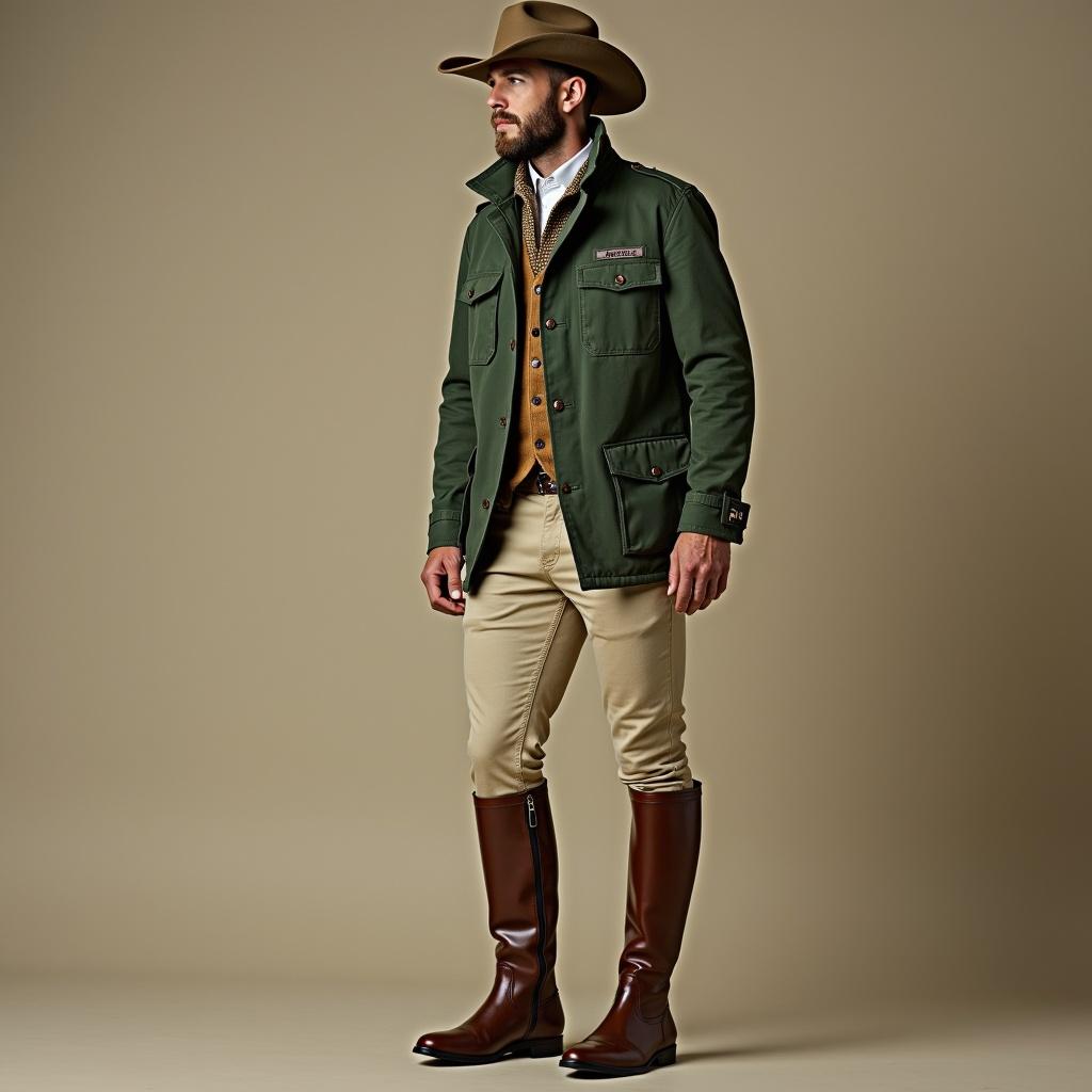 The image features a gentleman in a sophisticated outdoor outfit. He is wearing a green safari jacket, khaki pants, and stylish equestrian boots. His pose is confident, standing with a slight tilt, showcasing the ensemble beautifully. The soft lighting adds an elegant touch to the scene. The background is neutral, emphasizing the outfit's colors and textures. This look is perfect for combining style with functionality in outdoor settings.