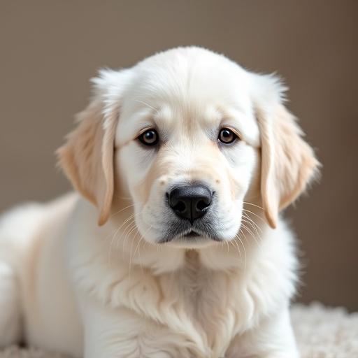 A six-month-old white golden retriever lying on a white leather sofa. The puppy looks cute and soft with a gentle expression. Its fur is fluffy, and the overall scene is cozy and inviting.