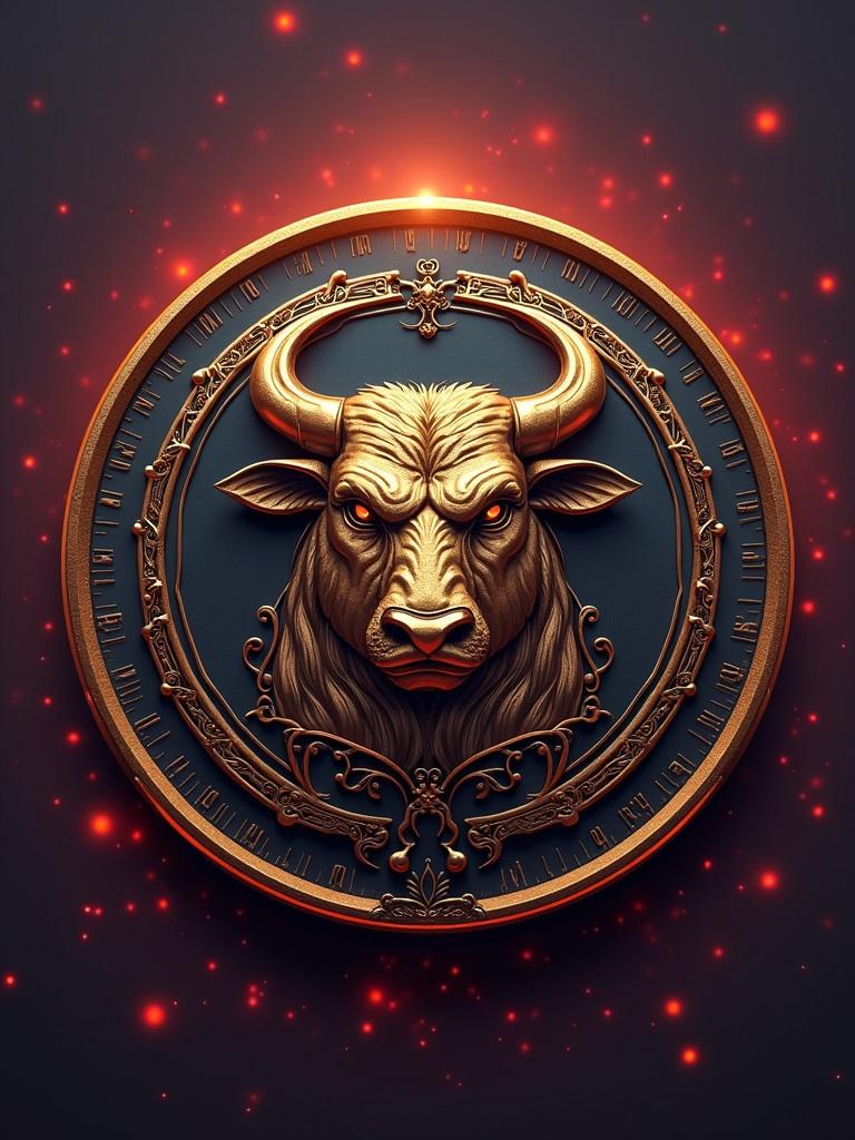 The image features a stylized golden bull's head centered in a circular medallion. The bull is intricately detailed, showing fierce eyes and elaborately designed horns. The background is dark with glowing red sparkles to enhance the bull's image. The overall design represents a gaming project related to cryptocurrency.