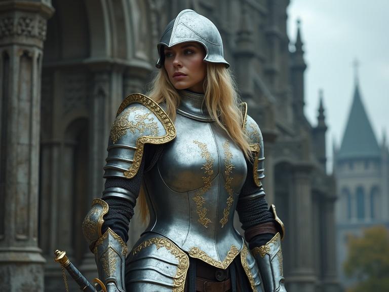 A beautiful female knight stands confidently in silver plate armor adorned with golden filigree. Her golden blonde hair flows from under a closed helmet. She holds a longsword at her side, ready for action. The background features gothic architecture under a stormy sky. The scene captures a mood of heroism and conflict, focusing on details of armor and dramatic lighting.