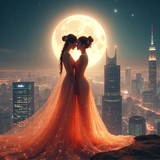 Chinese ladies kiss wearing intricate hanfu dresses made of stardust against a futuristic megacity skyline at night with a full moon