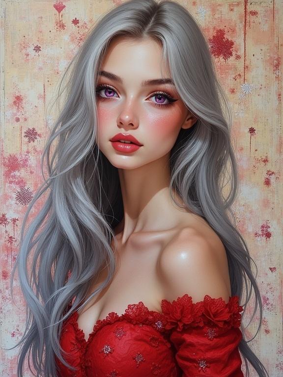 Elegant portrait of a young woman with long silver hair and a striking red dress. Background features abstract textures with vibrant colors. Textures include jute, wood, and glitter. Image showcases an intricate blend of elements with a captivating artistic style.