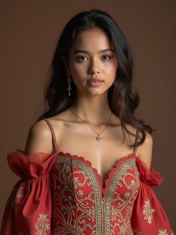 Bold Arabic girl poses in traditional dress. Dress is red with intricate gold embroidery. Hair cascades over shoulders. Focus on facial features and neckline.