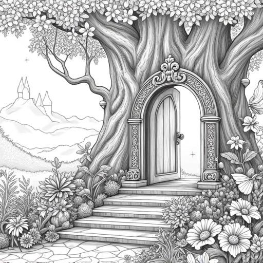 Intricate black and white line art of a magical doorway. The doorway is arched with elaborate carvings and decorative handles. It is set at the base of a massive ancient tree. Oversized luminous flowers and lush foliage surround the doorway. Stone steps lead up to the doorway. Butterflies are nearby. Misty mountains are visible in the background. The line art suggests sparkling light effects. Clean lines and no color are present. The atmosphere is ethereal and inviting.