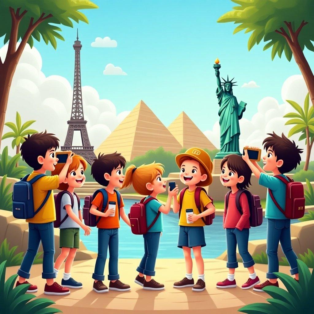 Group of grade 2 students exploring famous global locations. See Eiffel Tower, Statue of Liberty, and Pyramids of Giza. Each child holds a smartphone. Background features clouds and green trees.