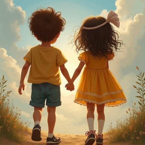 Two children standing hand in hand. One boy with curly hair in a yellow shirt. One girl with long hair in a yellow dress. They look ahead towards a bright horizon. Grass and flowers surround them. The sky is bright with soft clouds.