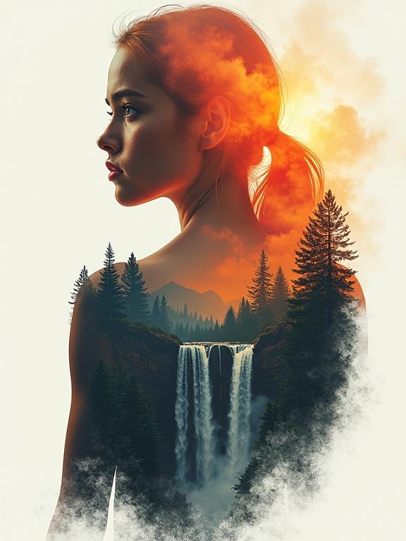 Ultrarealistic digital art featuring a silhouette of a teenage girl blended with a mountain waterfall and lush forest. Dramatic orange and yellow atmosphere with storm clouds. High-quality artwork in the style of renowned artists, combining elements of fantasy and dystopia, set in a rural environment.