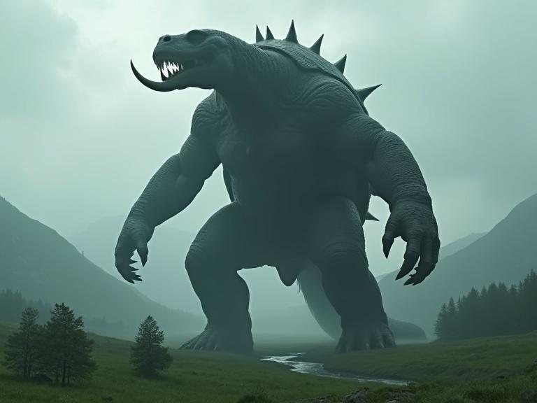 A giant shadowy humanoid tortoise-like creature stands in a green field. It has huge hands, claws, and a thick textured shell. The creature has tusks and a menacing posture. The background features hills, small trees, and a river surrounded by mountains. The scene is foggy, creating an atmospheric feel.