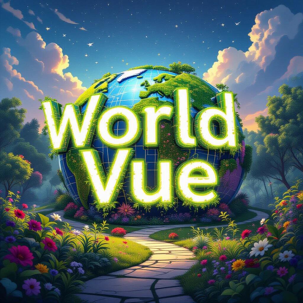 Vibrant concept art shows text WorldVue as a bioluminescent globe surrounded by a colorful garden. The scene has bright lighting and an enchanting atmosphere. Details include lush flowers and a green landscape.