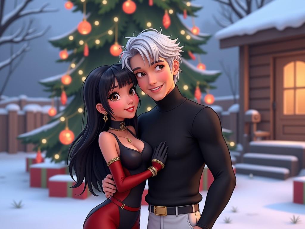 The image features two animated characters standing in a snowy outdoor setting decorated for the holidays. A large Christmas tree adorned with lights and ornaments is visible in the background. The woman has dark hair and is wearing a stylish outfit with red and black colors, accessorized with earrings. She is playfully leaning towards the man, who has silver hair and is dressed in a black turtleneck and white pants. They appear to be enjoying a festive moment together, with a cheerful atmosphere surrounding them.