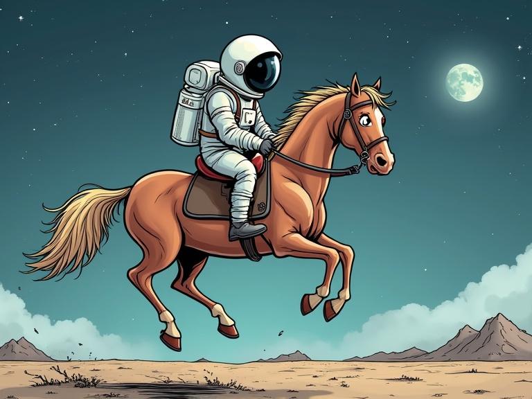 A funny cartoon of a scared horse with an astronaut on its back landing on the Moon. The horse appears nervous while jumping. The background shows a moonlit sky with mountains.
