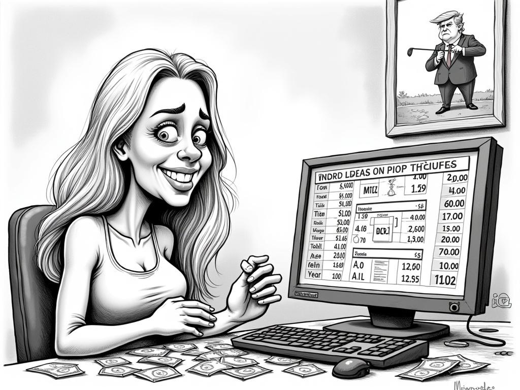 Black-and-white cartoon in underground style. Very happy blond woman with long hair and sweat. Screen shows insider trading transactions. Desk covered with dollar bills. Background includes a poster of a man playing golf. Detailed line drawing.